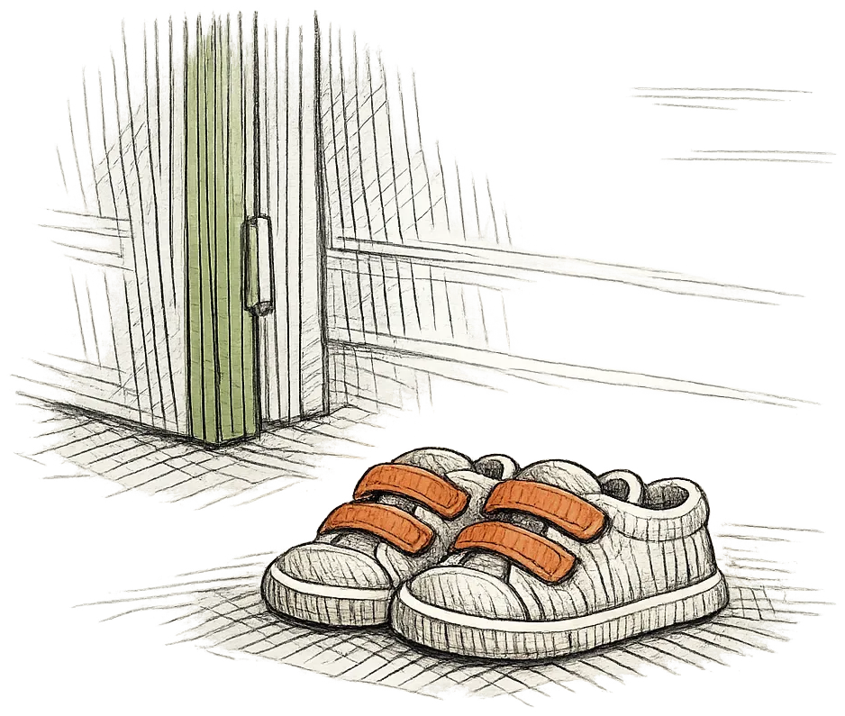 Dessin au trait : une paire de petites chaussures d’enfant à scratch, posées devant une porte entrouverte.