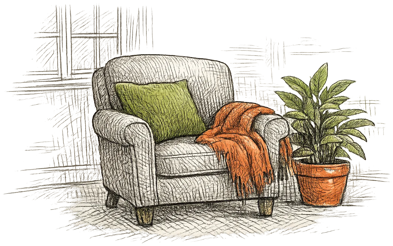Dessin au trait : un fauteuil accueillant, avec un coussin et un plaid, près d’une plante en pot.