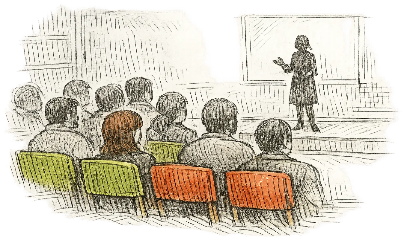 Dessin au trait : un public assis, vu de dos, écoute une intervenante debout face à la salle.