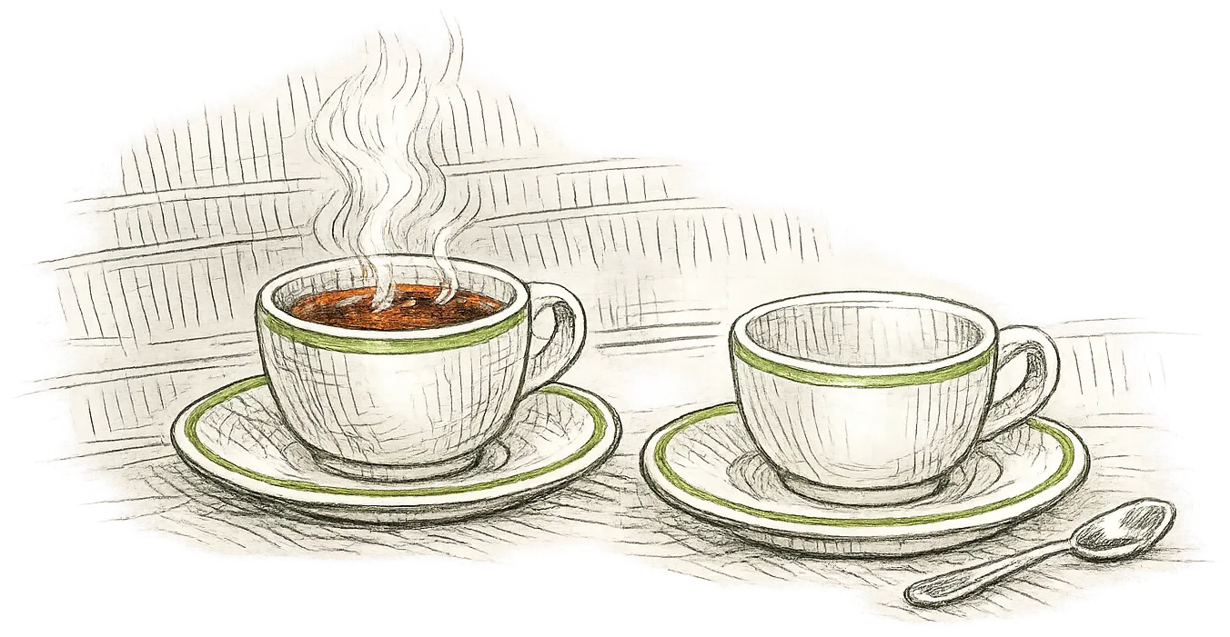 Dessin au trait : deux tasses et leurs soucoupes, l’une servie et fumante, l’autre encore vide.