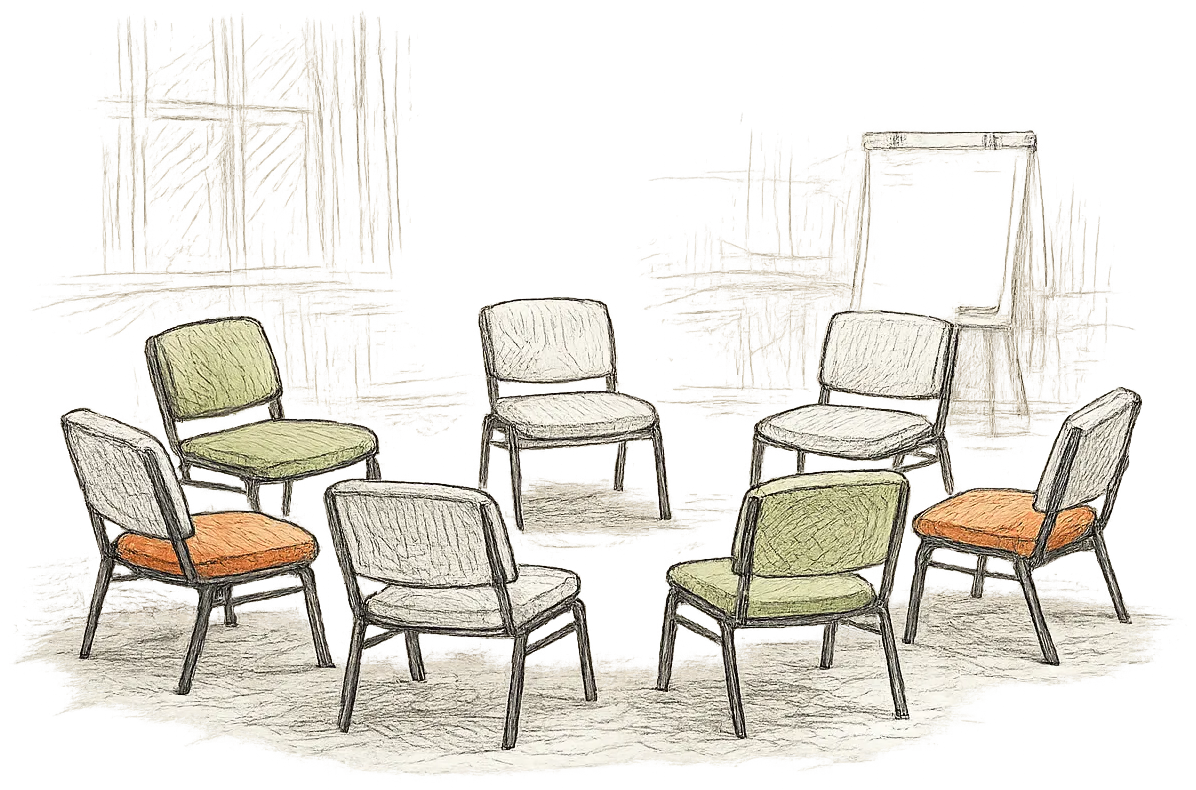 Dessin au trait : cinq chaises vides disposées en cercle, dans une salle esquissée avec un paperboard.