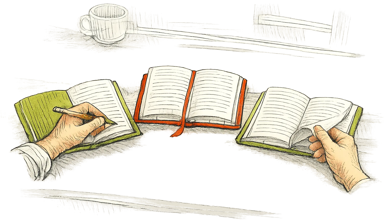 Dessin au trait : des mains autour de carnets ouverts — l’une prend des notes, les autres lisent et tournent les pages.