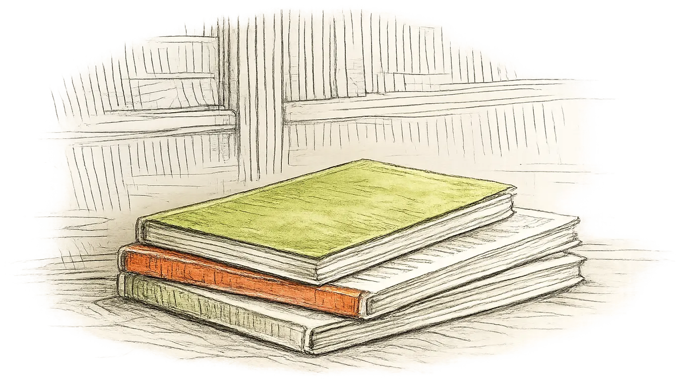Dessin au trait : une pile de revues posées à plat sur un coin de bureau esquissé.