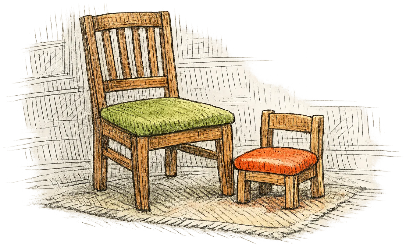 Dessin au trait : une chaise d’adulte et une petite chaise d’enfant, posées côte à côte.
