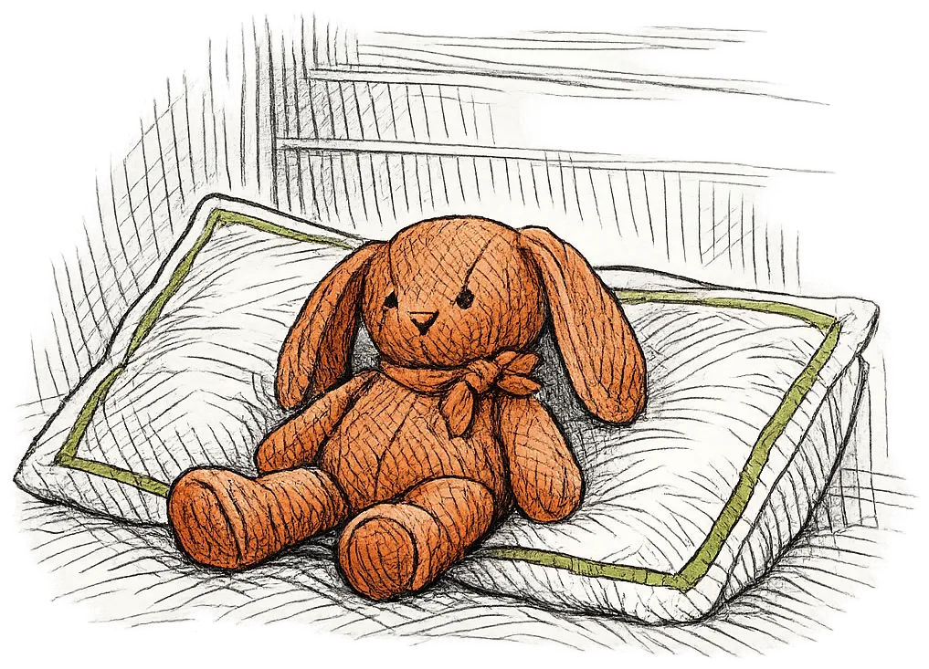Dessin au trait : un doudou lapin en tissu posé sur un oreiller.